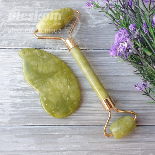 Нефрит натуральний, масажер ролер 14см + скребок для обличчя Гуаша 8 см, 2-357