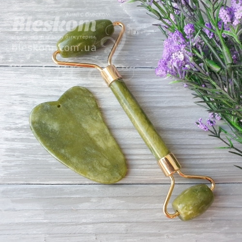 Нефрит натуральний, масажер ролер 14см + скребок для обличчя Гуаша 7 см,, 2-358