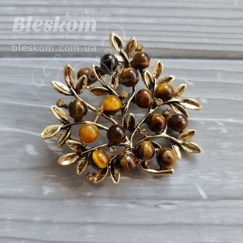 Брошь Веточка из тигрового глаза 3-396