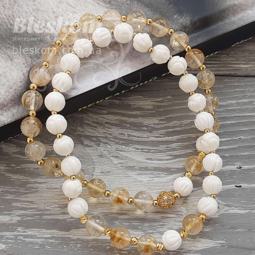 Браслет из цитрина и резного коралла,сет 1-494