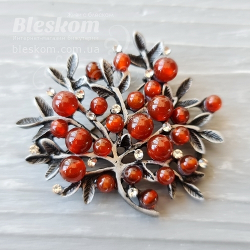 Брошь Куст с сердоликом и стразами 3-363