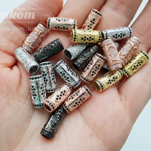 Намистина трубочка з фіанітами (чорними) 15686