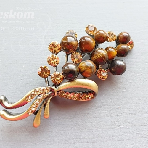 Брошь Веточка тигрового глаза со стразами 3-201