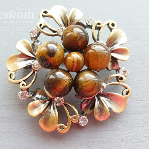 Брошь Цветочек с тигровым глазом со стразами 3-226