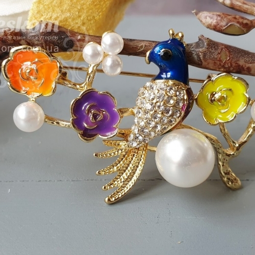 Брошь Птичка с жемчугом со стразами 3-242