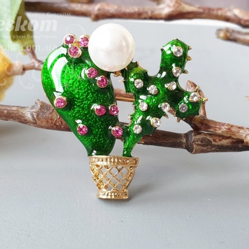 Брошь Кактус со стразами 3-258