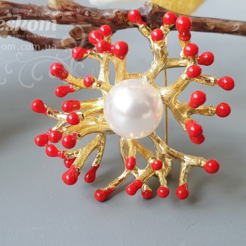 Брошь Коралловая веточка со стразами 3-280