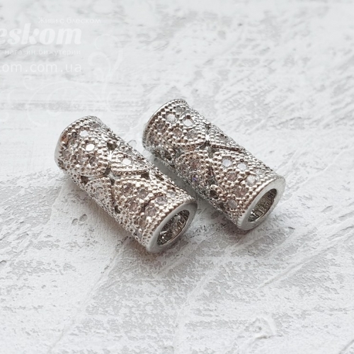 Намистина трубочка ажурна, з фіанітами (білий) 15773