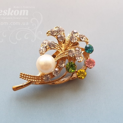 Брошь Веточка со стразами и жемчугом 3-341