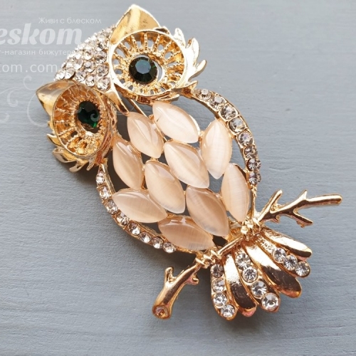 Брошь Сова на ветке, со стразами, крупная 3-350