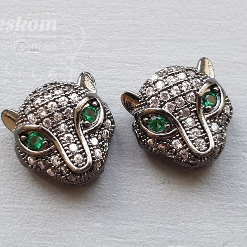 Намистина пантера з фіанітамі (бiлi з зеленими очима) 30127