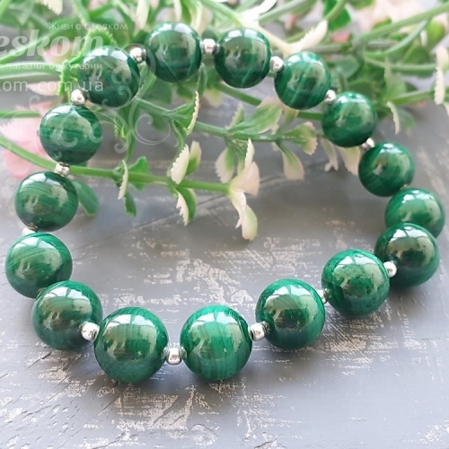 Браслет з малахіту, натуральний, з сріблом 925, 16см К2555