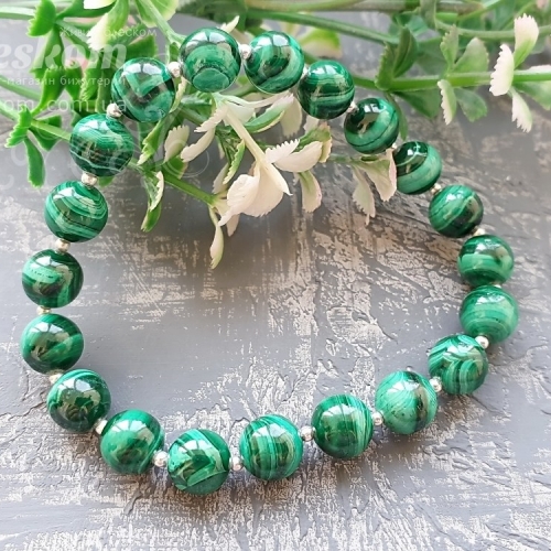 Браслет з малахіту, натуральний, з сріблом 925, 16см К2556