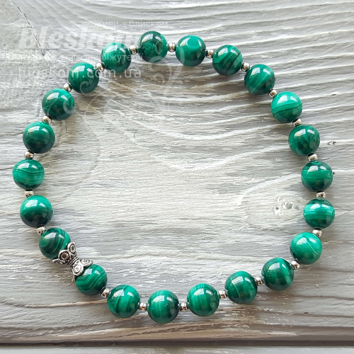 Браслет з малахіту, натуральний, з сріблом 925 та бусини з нержавійки, 15.5см К2557